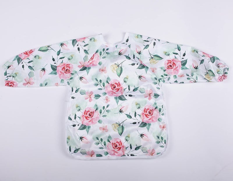 Sigzagor Baby Bib Sleeved Shirt With Pocket 1-3 years old Toddler Drawing (Pink Flowers Rose) - Image 2